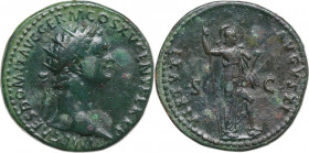 Domitian (81-96). AE Dupondius, 90-91. Radiate head right. Obv. Radiate bust right. Rev. Virtus standing right, with left foot on helmet, holding spea...