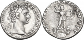 Domitian (81-96). AR Denarius, 92-93. Obv. Laureate head right. Rev. Minerva standing right on top of rostral column, brandishing spear and holding sh...