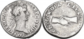 Nerva (96-98). AR Denarius, 96 AD. Obv. Laureate head right. Rev. Clasped hands. RIC II 2. AR. 3.35 g. 18.00 mm. VF.