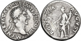 Nerva (96-98). AR Denarius, 97 AD. Obv. Laureate head right. Rev. Fortuna standing left, holding rudder and cornucopiae. RIC II 28. AR. 3.24 g. 17.00 ...