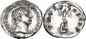 Trajan (98-117). AR Denarius, 103-111 AD. Obv. Laureate head right. Rev. Trophy and captive seated right. RIC II 88; C. 264. AR. 3.40 g. 19.00 mm. A s...
