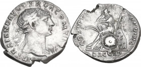 Trajan (98-117). AR Denarius. “Dacia Capta” commemorative, 108-109. Obv. Laureate bust right, slight drapery. Rev. Dacian seated left on pile of arms,...