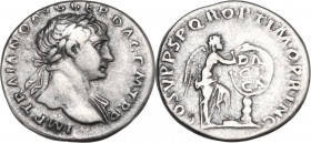 Trajan (98-117). AR Denarius, 103-111. Obv. Laureate bust right, draped on left shoulder. Rev. Victory standing left, inscribing shield set on palm tr...