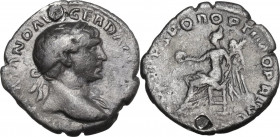Trajan (98-117). AR Quinarius, 107-111. Obv. Laureate bust right, slight drapery. Rev. Victory, draped, seated left, holding wreath in right hand and ...