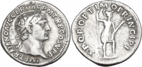 Trajan (98-117). AR Denarius, 103-111. Obv. Laureate head right. Rev. Virtus standing right, holding spear and parazonium, left foot on helmet. RIC II...