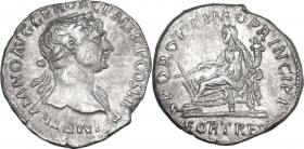 Trajan (98-117). AR Denarius, 112-114. Obv. Laureate bust right, slight drapery on far shoulder. Rev. Fortuna seated left, holding rudder and cornucop...