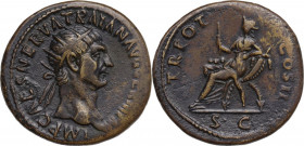 Trajan (98-117). AE Dupondius, 98-99. Obv. Radiate head right. Rev. Abundantia seated left on chair of two crossed cornucopias, holding sceptre. RIC I...