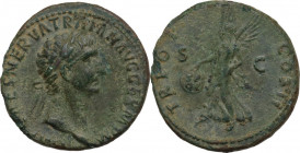 Trajan (98-117). AE As, 98-99 AD. Obv. IMP CAES NERVA TRAIAN AVG GERM PM. Laureate head right. Rev. TR POT COS II SC. Victory walking left, holding pa...