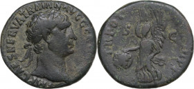 Trajan (98-117). AE As, 100 AD. Obv. Laureate head right. Rev. Victoria flying left, holding shield inscribed SPQR. RIC II 417. AE. 11.02 g. 26.50 mm....