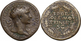 Trajan (98-117). AE Dupondius, c. 103-111. Obv. Radiate bust right, slight drapery on far shoulder. Rev. SPQR/ OPTIMO/ PRINCIPI/ SC in oak wreath. RIC...