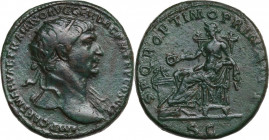 Trajan (98-117). AE Dupondius, 104-107. Obv. Radiate bust right, drapery on far shoulder. Rev. Salus seated left on throne, feeding serpent rising fro...