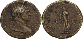 Trajan (98-117). AE Sestertius, 103-111. Obv. Laureate bust right, draped on left shoulder. Rev. Spes standing left, holding flower and raising skirt....
