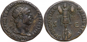 Trajan (98-117). AE Dupondius, 103-107. Obv. Radiate bust right. Rev. Trophy, with hexagonal and round shields at base. RIC II 586. AE. 11.80 g. 16.60...