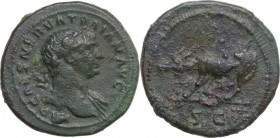 Trajan (98-117). AE Quadrans, struck circa AD 98-102. Obv. Laureate bust right, slight drapery on left shoulder. Rev. She-wolf standing left. RIC 694....