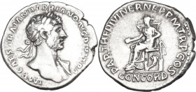 Hadrian (117-138). AR Denarius, 117 AD. Obv. Laureate bust right, draped on left shoulder. Rev. Concordia seated left, holding patera and resting elbo...