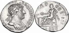Hadrian (117-138). AR Denarius, 120-121. Obv. Laureate, draped and cuirassed bust right. Rev. Salus seated left, feeding from patera snake coiled arou...