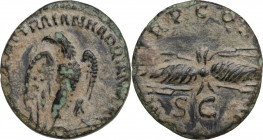 Hadrian (117-138). AE Semis, 121-123. Obv. Eagle standing right, head left, wings closed. Rev. Winged thunderbolt. RIC II-p. 3 (2nd ed.) 623. AE. 2.30...