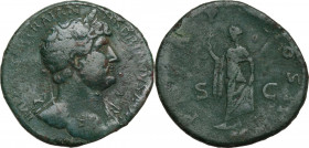 Hadrian (117-138). AE Sestertius, 121-123. Obv. Bust right, laureate, draped on left shoulder. Rev. Spes standing left, holding flower and raising ski...