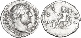 Hadrian (117-138). AR Denarius, 126-127. Obv. Laureate head right. Rev. Annona seated left, holding hook and cornucopiae; to left, modius with corn-ea...