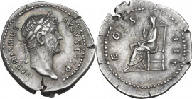 Hadrian (117-138). AR Denarius, 128-129. Obv. Laureate head right. Rev. Pudicitia seated left, drawing veil. RIC II-p. 3 (2nd ed.) 914. AR. 3.24 g. 20...