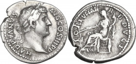 Hadrian (117-138). AR Denarius, 130 AD. Obv. Laureate head right. Rev. Fortuna seated left, holding rudder and cornucopiae. RIC II-p. 3 (2nd ed.) 1405...