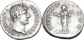 Hadrian (117-138). AR Denarius, 133-135. Obv. Laureate head right. Rev. Pietas standing left, raising both hands; to left, altar. RIC II-p. 3 (2nd ed....