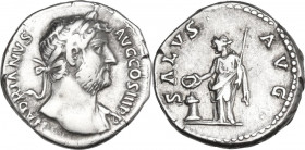 Hadrian (117-138). AR Denarius, 137-138. Obv. Laureate bust right, draped on left shoulder. Rev. Salus standing left, holding patera and scepter; to l...