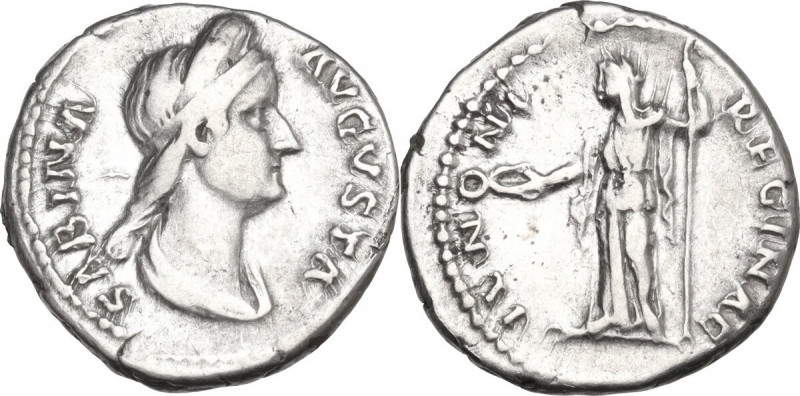 Sabina, wife of Hadrian (died 137 AD). AR Denarius, 133-135. Obv. Diademed, drap...