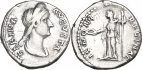 Sabina, wife of Hadrian (died 137 AD). AR Denarius, 133-135. Obv. Diademed, draped bust right. Rev. Juno standing left, holding patera and scepter. RI...