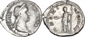 Sabina, wife of Hadrian (died 137 AD). AR Denarius, 133-135. Obv. Diademed and draped bust right. Rev. Juno standing left, holding patera and scepter....