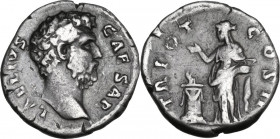 Aelius (Caesar 136-138). AR Denarius, 137 AD. Obv. L. AELIVS CAESAR. Bare head right. Rev. TR POT COS II. Pietas standing left by altar, raising right...