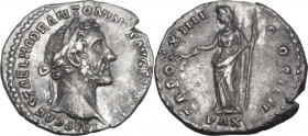 Antoninus Pius (138-161). AR Denarius, 150-151. Obv. Laureate head right. Rev. Pax standing left, holding branch and sceptre. RIC III 200C. AR. 2.98 g...