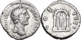 Antoninus Pius (138-161). AR Denarius, 159-160 AD. Obv. Laureate head right. Rev. Male figure standing facing on pedestal, holding standard and palm, ...