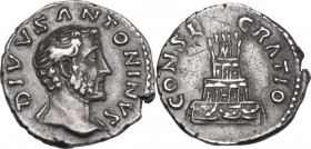 Divus Antoninus Pius (after 161 AD). AR Denarius. Obv. DIVVS ANTONINVS. Bare headed bust right, with drapery on far shoulder. Rev. CONSECRATIO. Four-t...