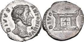 Divus Antoninus Pius (after 161 AD). AR Denarius. Commemorative issue, struck under Marcus Aurelius and Lucius Verus, AD 162. Obv. Bare head right. Re...