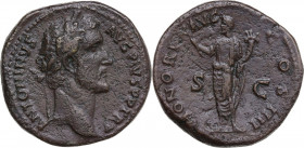 Antoninus Pius (138-161). AE Sestertius. Obv. Laureate head right. Rev. Honos standing front, head left; holding branch and cornucopiae. RIC III 772. ...