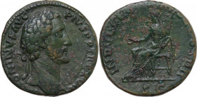 Antoninus Pius (138-161). AE Sestertius. Obv. Laureate head right. Rev. Indulgentia seated left, extending right hand and holding sceptre. RIC III 904...