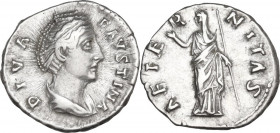 Diva Faustina I (after 141 AD). AR Denarius, 141 AD. Obv. Draped bust right. Rev. Aeternitas (or Juno) standing left, raising right hand and holding s...