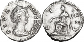 Diva Faustina I (after 141 AD). AR Denarius, 141 AD. Obv. Draped bust right. Rev. Ceres seated left, holding corn-ears and scepter. RIC III (A. Pius) ...