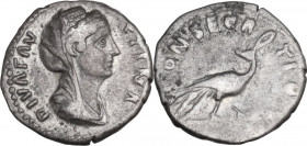 Diva Faustina I (died 141 AD). AR Denarius. Commemorative issue. Rome mint. Struck under Antoninus Pius, c. 146-161. Obv. Draped and veiled bust right...