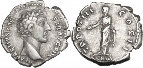 Marcus Aurelius as Caesar (139-161). AR Denarius, 148-149. Obv. Head right. Rev. Clementia standing left, holding patera and fold of dress. RIC III (A...