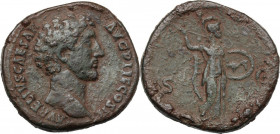 Marcus Aurelius as Caesar (139-161). AE Sestertius, 145 AD. Obv. Bare head right. Rev. Minerva advancing right, brandishing javelin and holding shield...