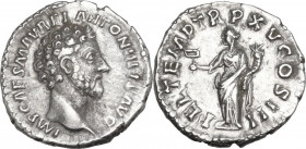 Marcus Aurelius (161-180). AR Denarius, 161 AD. Obv. Head right. Rev. Felicitas standing left, holding short caduceus and cornucopiae. RIC III 13. AR....