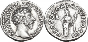 Marcus Aurelius (161-180). AR Denarius, 161-162. Obv. Head right. Rev. Providentia standing left, holding globe and cornucopiae. RIC III 50. AR. 3.20 ...