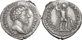 Marcus Aurelius (161-180). AR Denarius, 163-164. Obv. Head right. Rev. Mars standing right, holding spear and shield. RIC III 91. AR. 3.33 g. 18.00 mm...