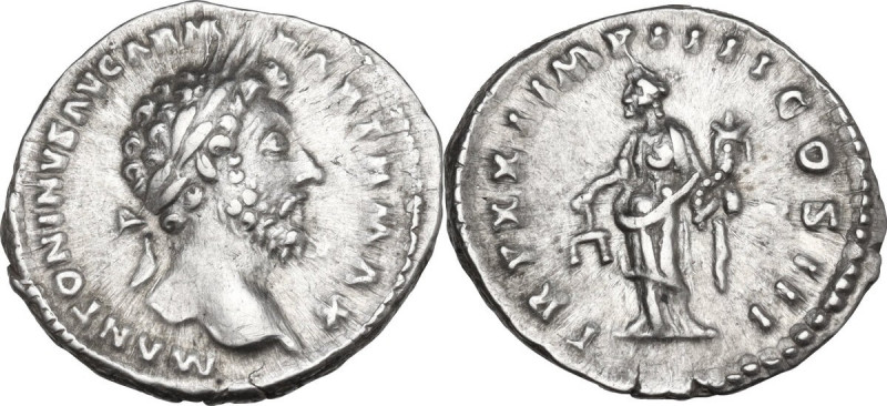 Marcus Aurelius (161-180). AR Denarius, 166-167. Obv. Laureate head right. Rev. ...