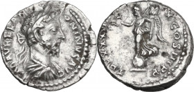 Marcus Aurelius (161-180). AR Denarius, 179 AD. Obv. Laureate head right. Rev. Victory standing left on globe, holding wreath and trophy. RIC III 405....