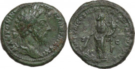 Marcus Aurelius (161-180). AE As, 176-177. Obv. Laureate head right. Rev. Pax standing left, setting fire to a pile of arms with torch and holding cor...