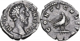 Divus Marcus Aurelius (died 180 AD). AR Denarius, struck under Commodus. Obv. Bare head right. Rev. Eagle standing right, head left. RIC III (Comm.) 2...