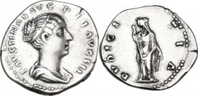 Faustina II (died 176 AD). AR Denarius, 145-161. Obv. Draped and diademed bust right. Rev. Pudicitia standing left. RIC III (A. Pius) 507B. AR. 3.27 g...